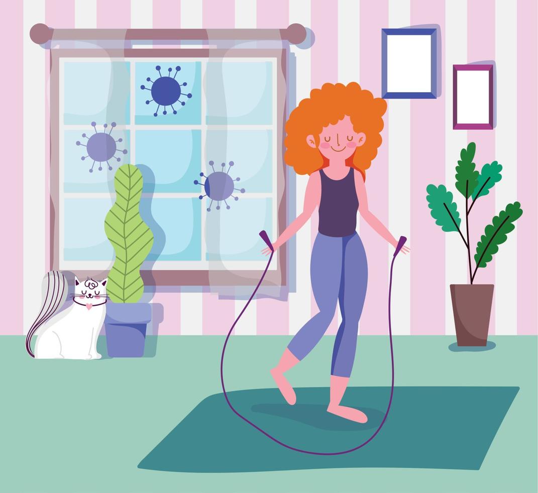 young woman with jumping rope in room with window, activity sport exercise at home covid 19 pandemic vector