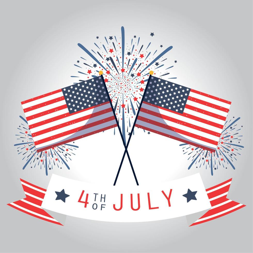 Usa independence day flags fireworks and ribbon vector design