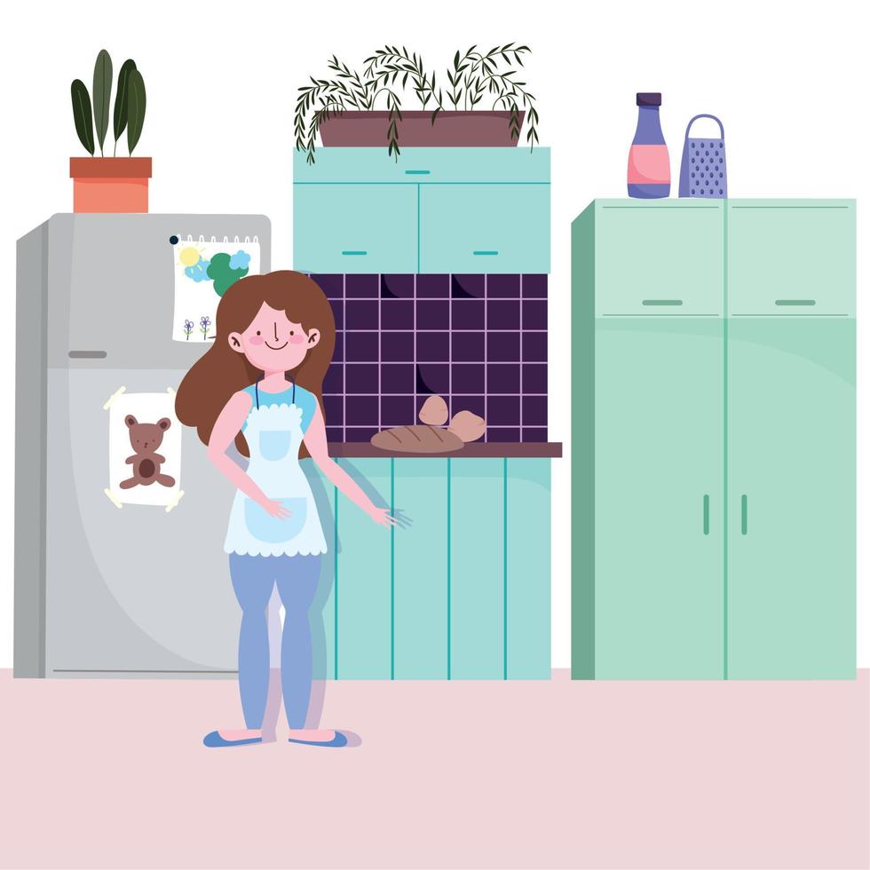 people cooking, girl with baked food in the kitchen vector