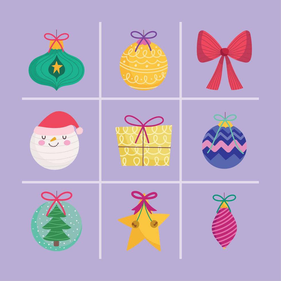 feliz navidad, bolas santa regalo arco y estrella decoración y adornos iconos de temporada vector