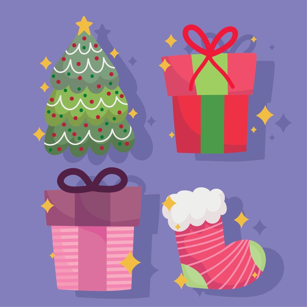 merry christmas tree gifts and sock decoration and celebration icons set vector