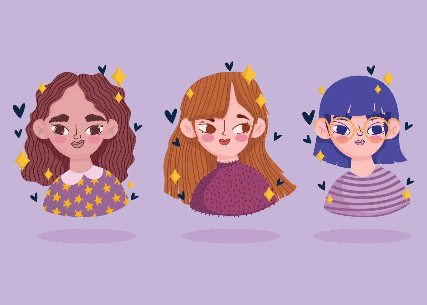 retrato de dibujos animados tres niñas jóvenes iconos femeninos vector