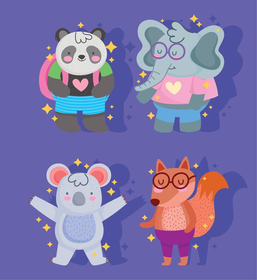 regreso a la escuela, lindo elefante koala zorro y panda dibujos animados vector