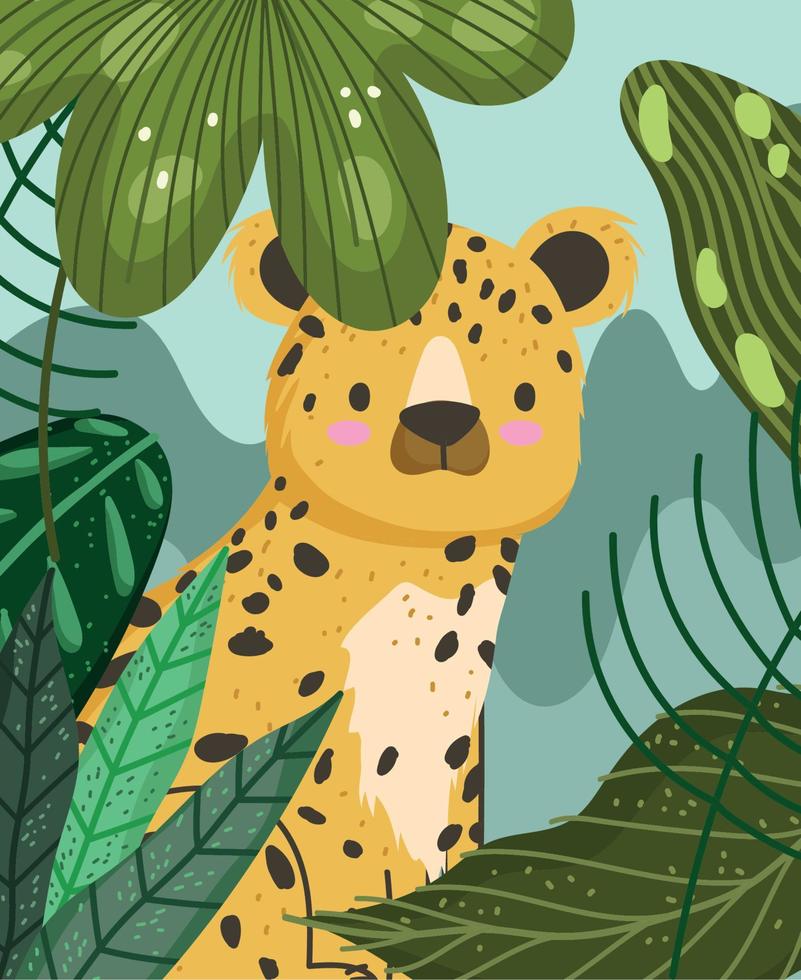 lindo leopardo sentado en una caricatura de safari de animales verdes vector