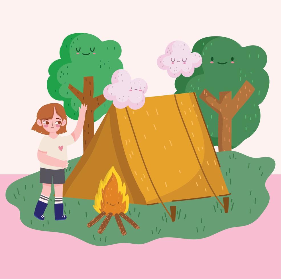 camping, camping para chicas con bosque de carpas para hogueras al estilo de las caricaturas vector