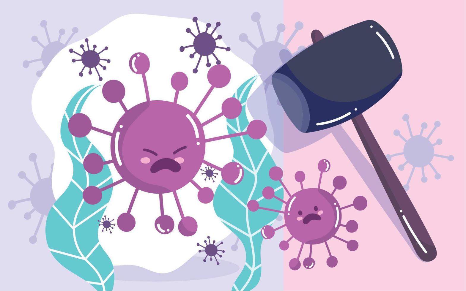 covid 19 virus cartoons and hammer vector design