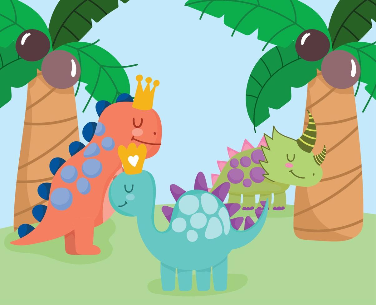 cute dinos animals palms coconut tropical cartoon vector