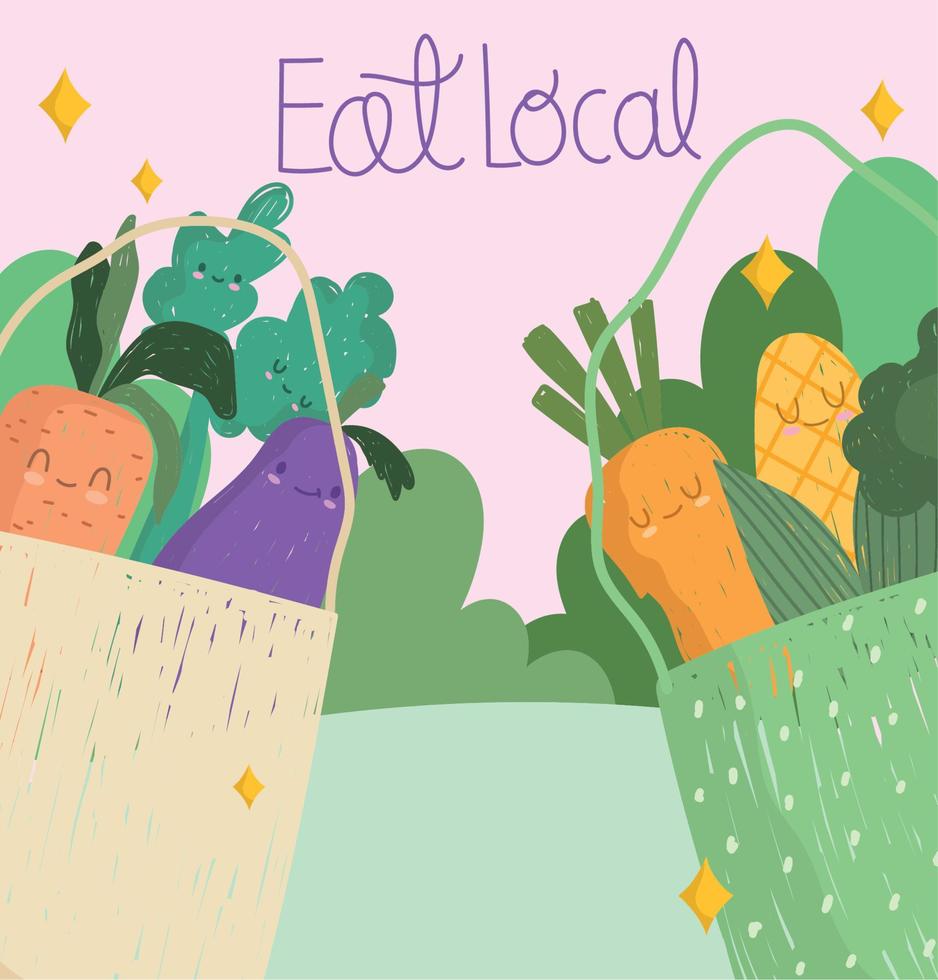 eat local, market bags with fresh vegetables healthy food cartoon vector