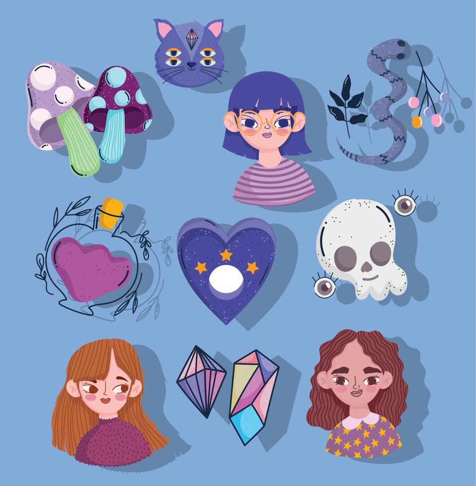 magic fantasy skull cat girl spell bottle snake icons collection cartoon vector