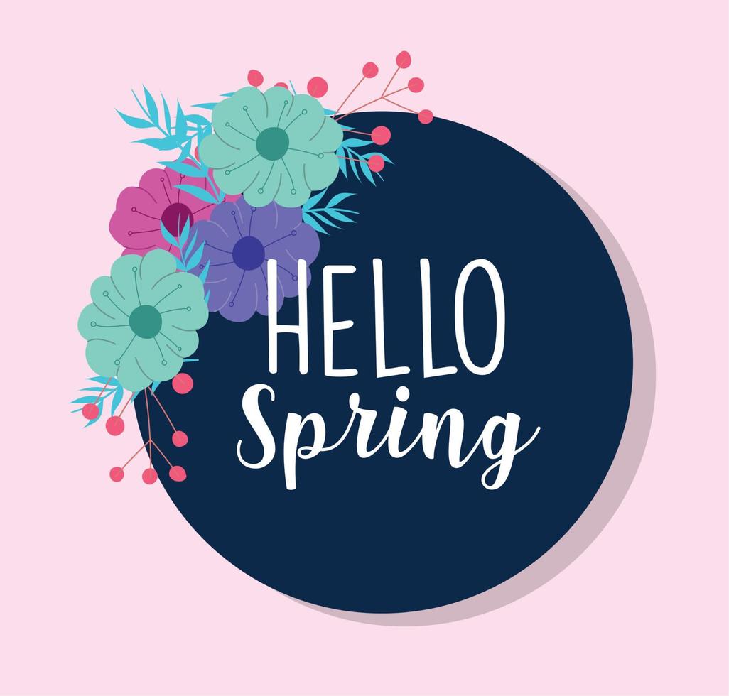hello spring, round badge flowers season nature decoration vector