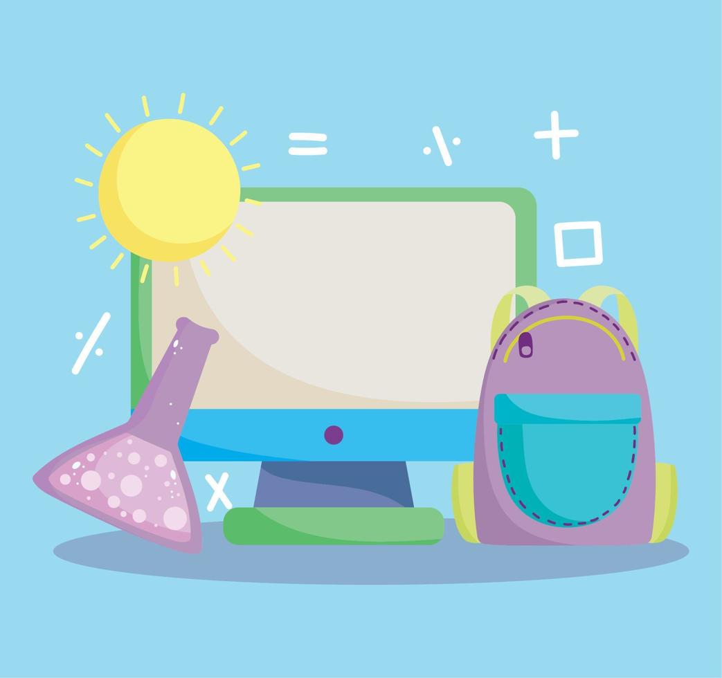regreso a la escuela, mochila de computadora, tubo de ensayo de química, dibujos animados de educación primaria en línea vector