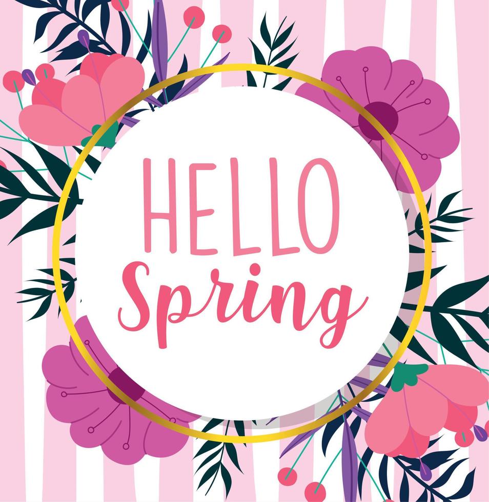 hello spring, round badge flowers leaves season background vector