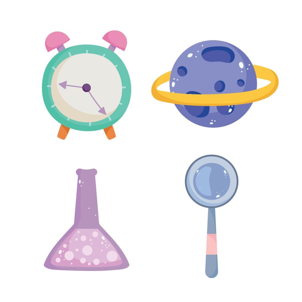 regreso a la escuela, matraz de química magnfiier reloj y planeta iconos de dibujos animados de educación primaria vector