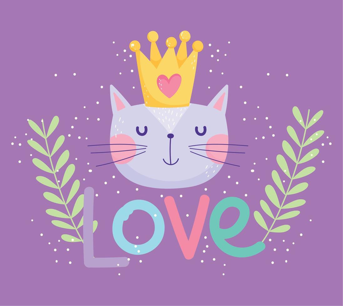 amor cara de gato con corona decoración dibujos animados lindo texto vector