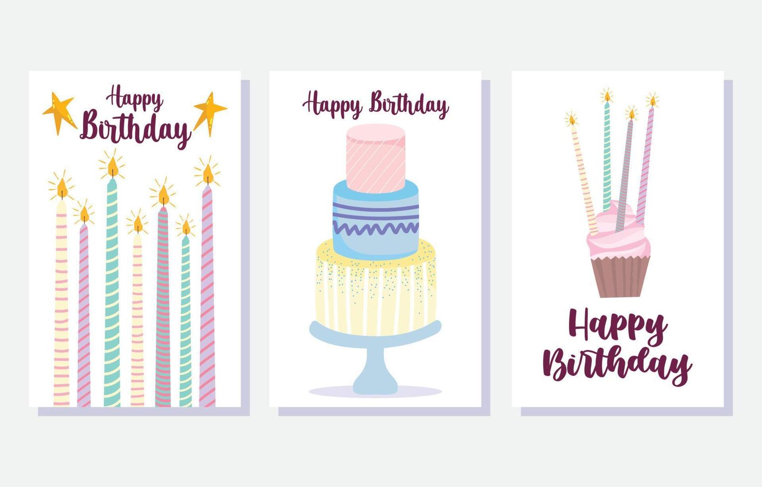 happy birthday, cake burning candles cupcake cartoon celebration decoration card vector