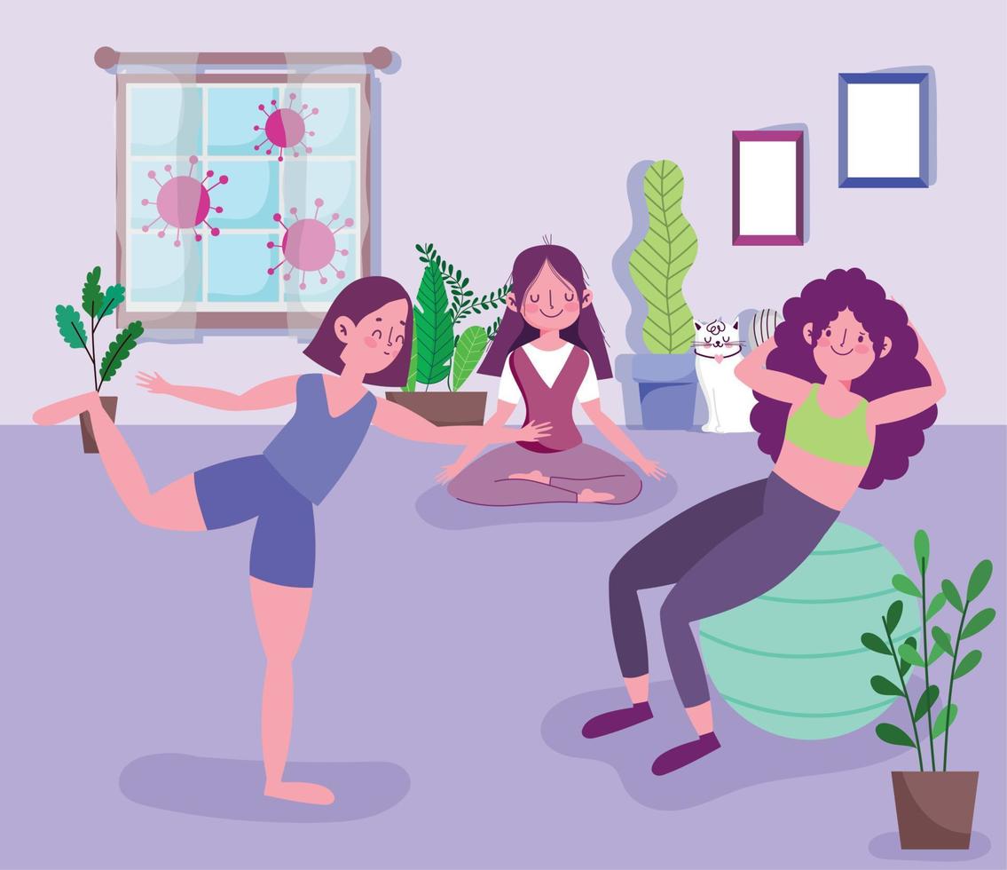 young women group practicing yoga stretching and ball activity sport exercise at home covid 19 pandemic vector