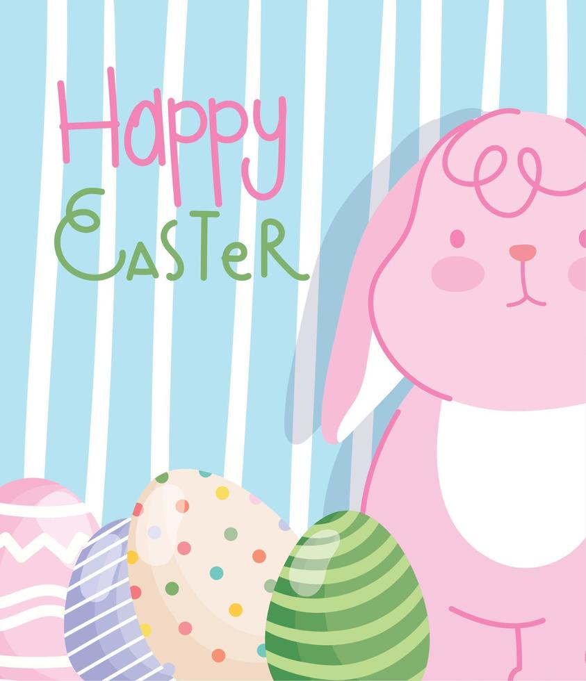happy easter pink rabbit with eggs striped background vector
