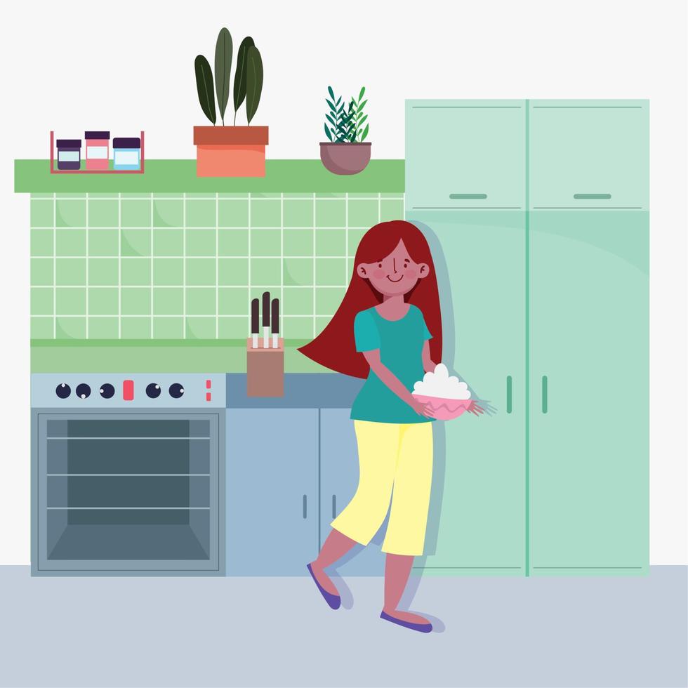 people cooking, girl holding bowl with cream in the kitchen vector