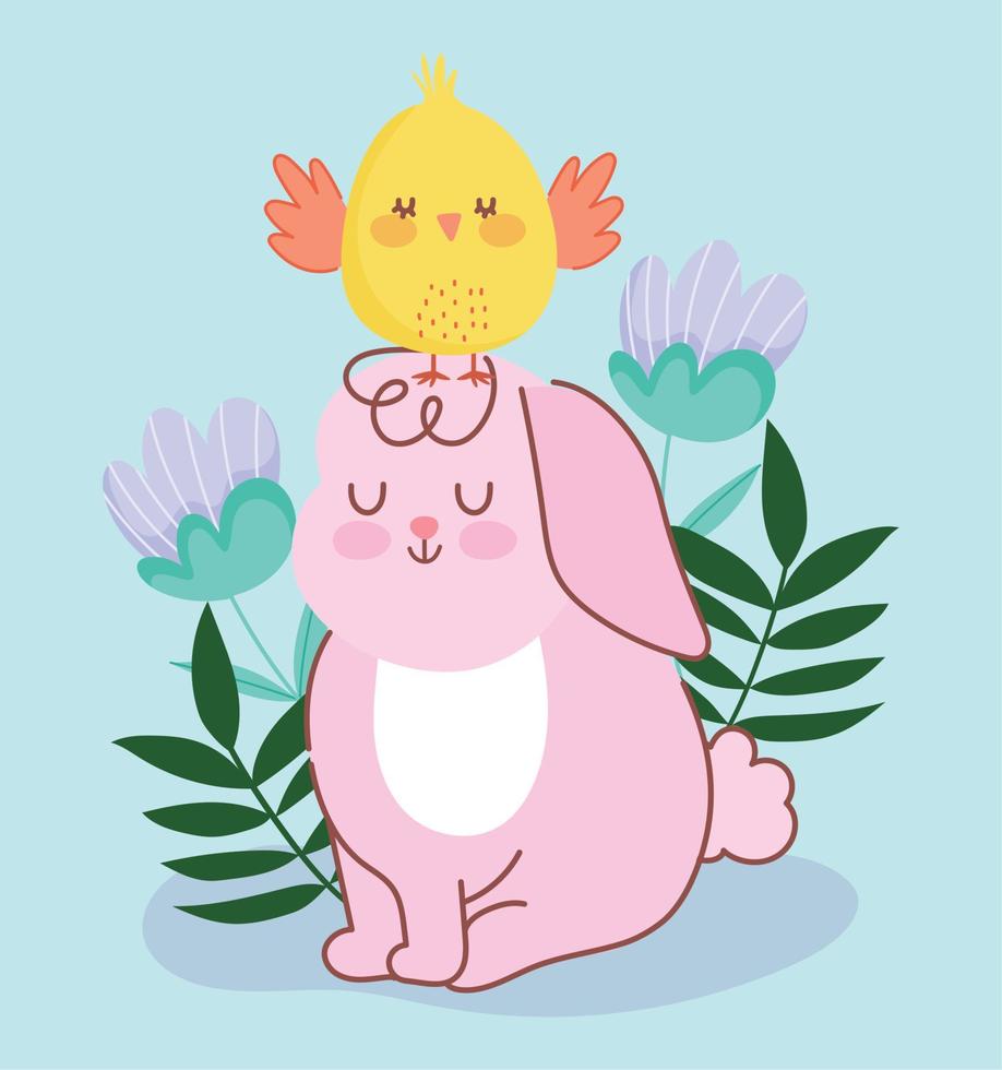 feliz conejo rosa de pascua sentado con pollo en la cabeza decoración de flores vector