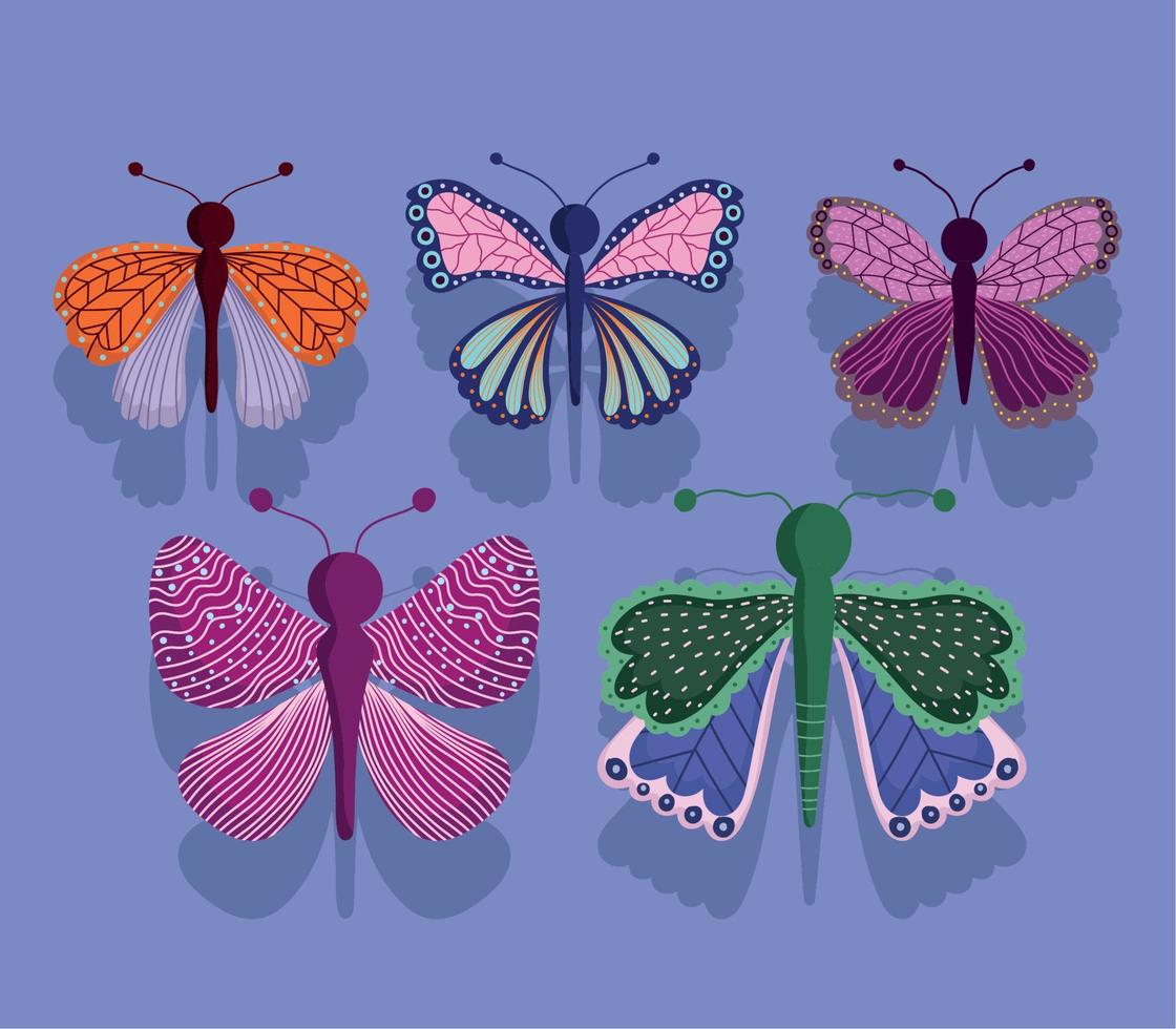 mariposas insectos alas decorativas dibujos animados, sombra sobre fondo púrpura vector