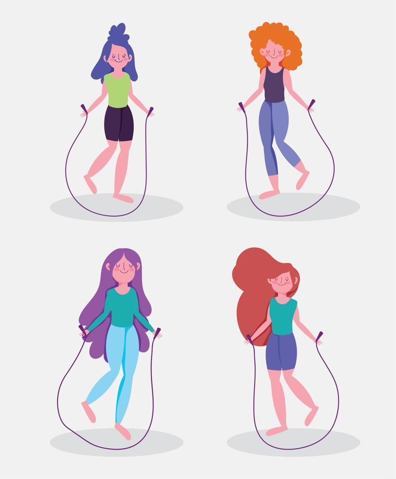 women practicing jumping rope activity sport exercise at home vector