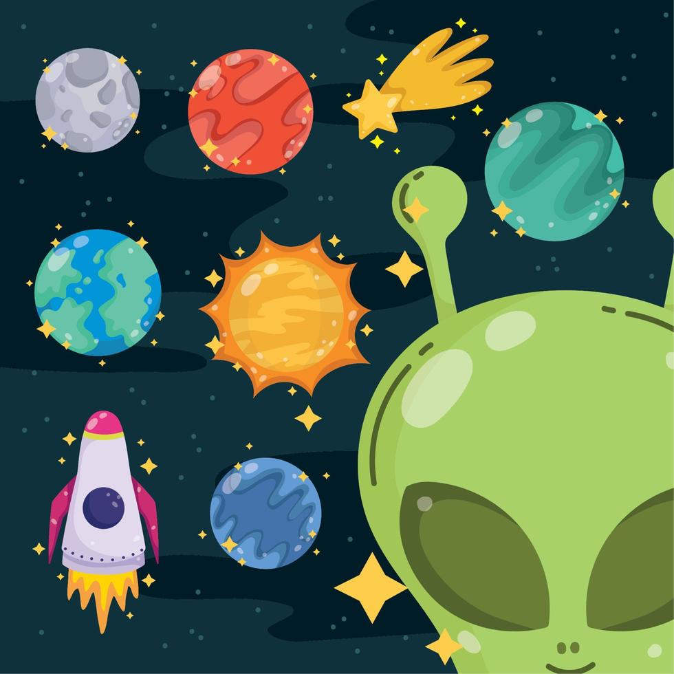 planeta alienígena estrella cohete espacio galaxia astronomía en iconos de dibujos animados vector