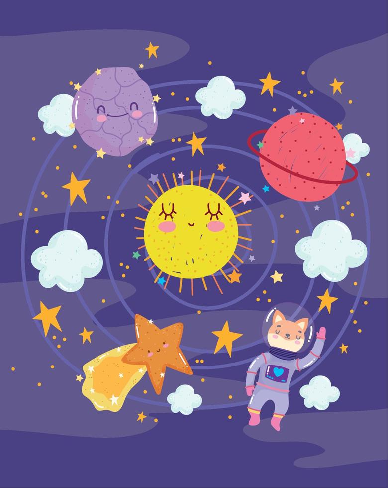 cute cat with astronaut suit planets star and sun space adventure cartoon vector