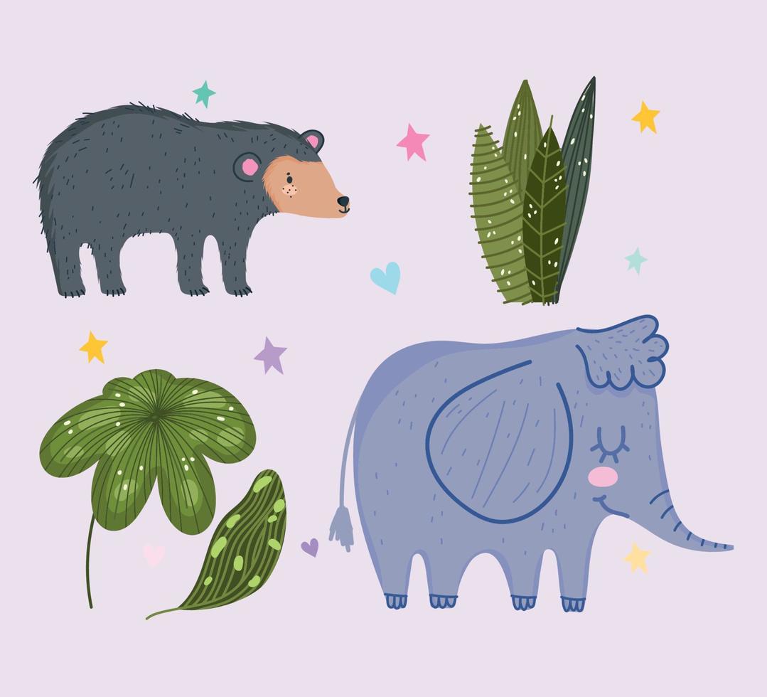 lindo oso elefante y hojas animal safari dibujos animados con hojas vector