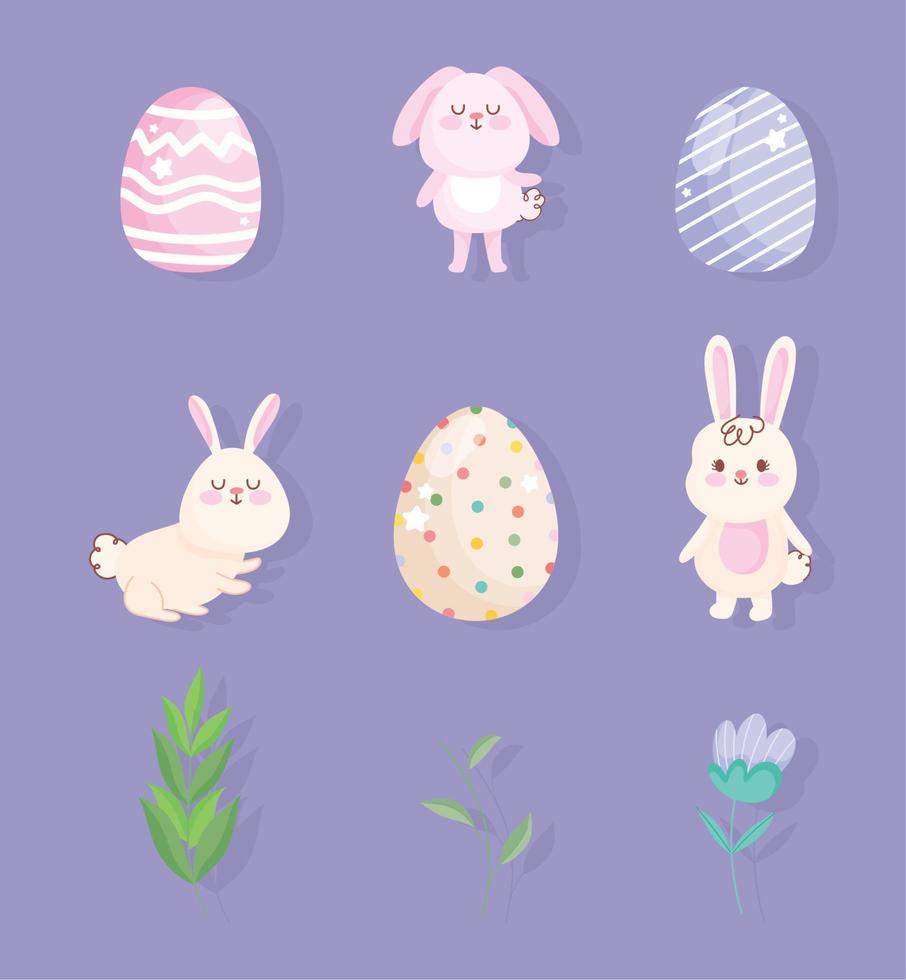 felices pascuas pequeños conejos huevos flor iconos vector