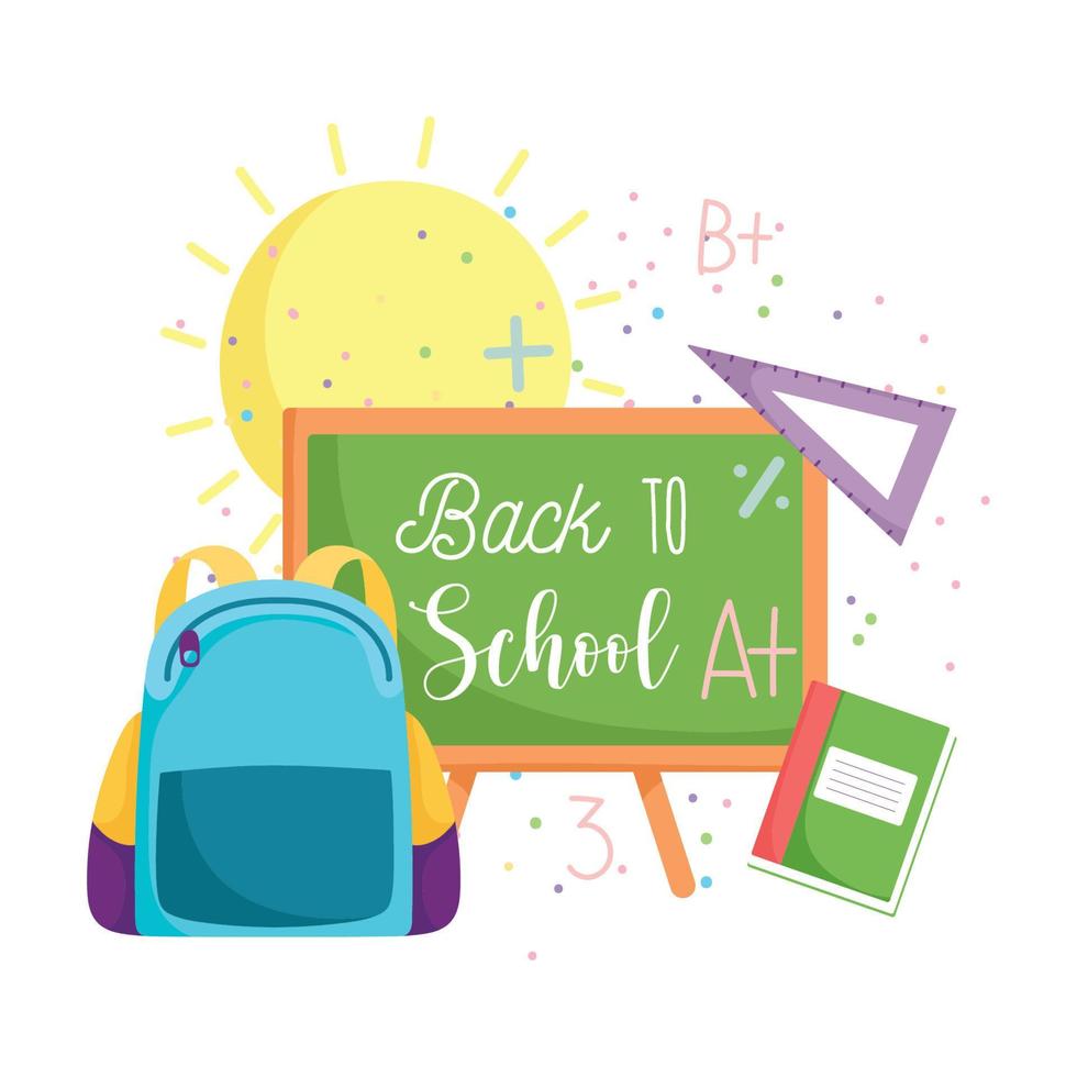 back to school, backpack chalkboard ruler and book elementary education cartoon vector