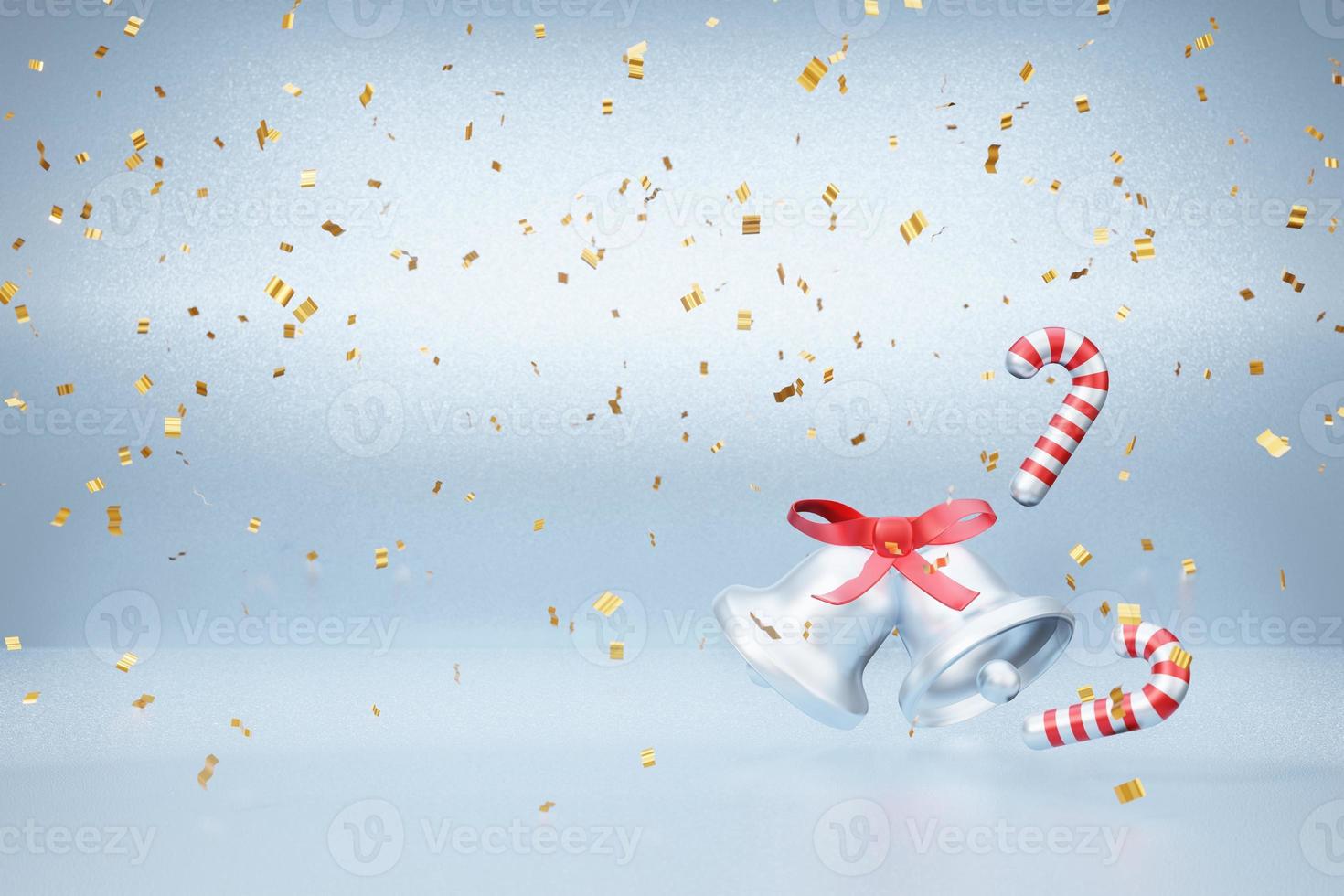 Christmas bell and candy cane with gold confetti white glossy happy new year background 3d rendering photo