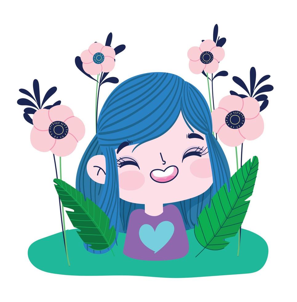 cara de niña feliz con flores y hojas naturaleza botánica vector