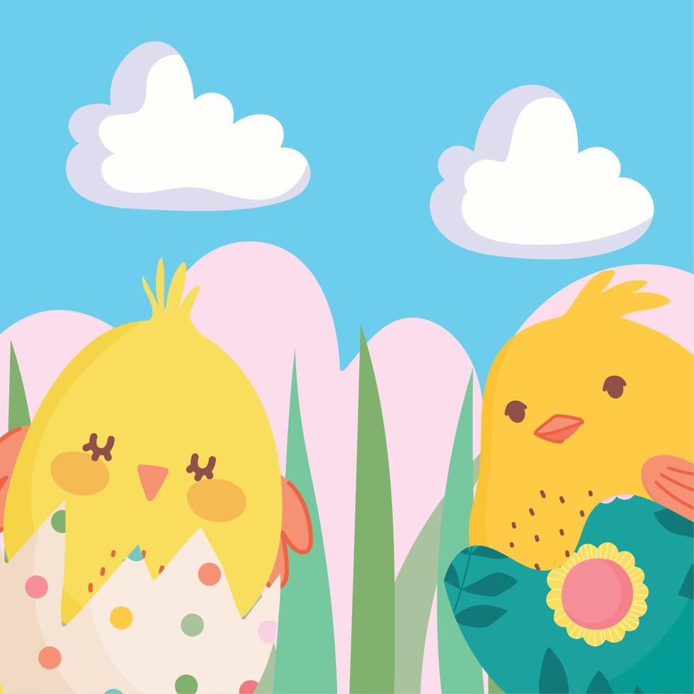 happy easter little chickens in eggshells nature decoration vector