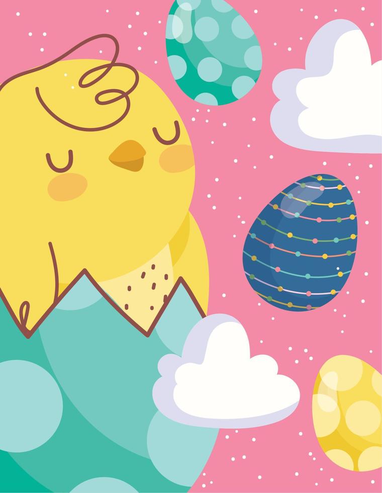 feliz pascua tarjeta pollo en cáscara de huevo huevos nubes decoración vector