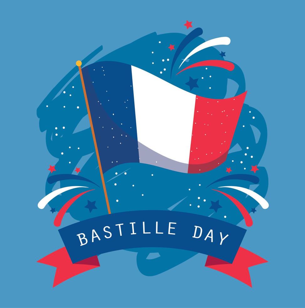 Bandera de Francia con cinta de feliz día de la bastilla diseño vectorial vector