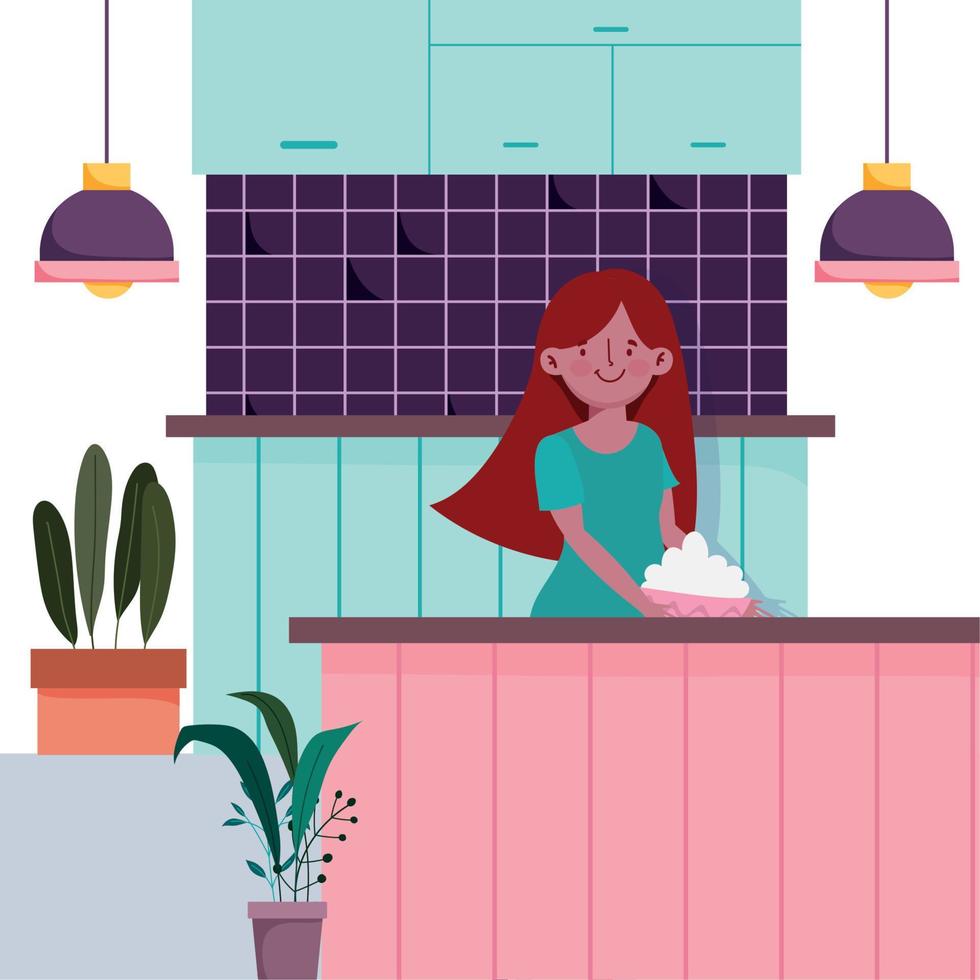 people cooking, girl with counter in the kitchen vector