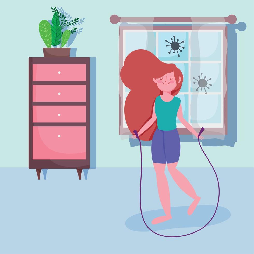 sporty girl with jumping rope activity sport exercise at home covid 19 pandemic vector