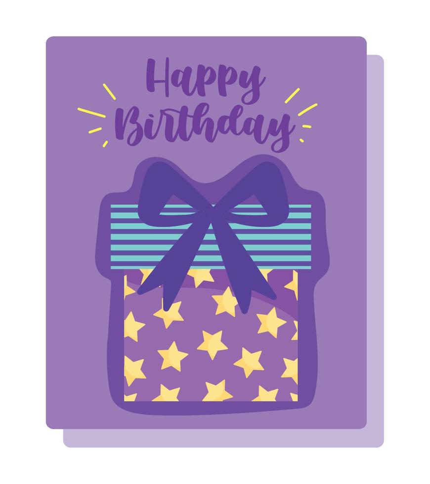 feliz cumpleaños, caja de regalo estrellada tarjeta de decoración de celebración de dibujos animados vector