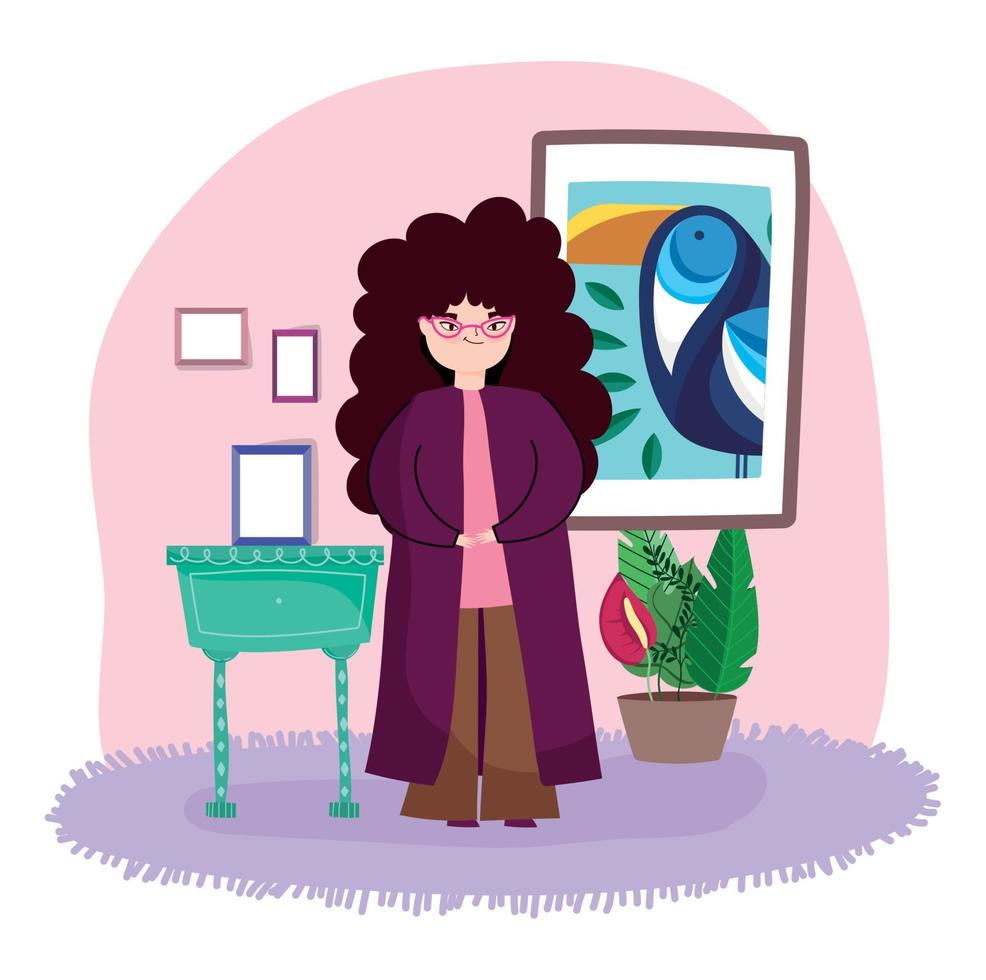 mujer joven en la habitación marco de la mesa pciture planta decoración ocio vector