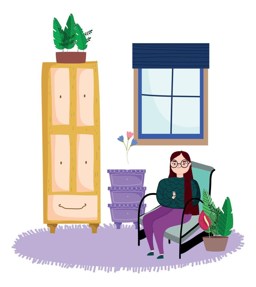 mujer sonriente sentada en una silla con ventana de planta en maceta ocio vector