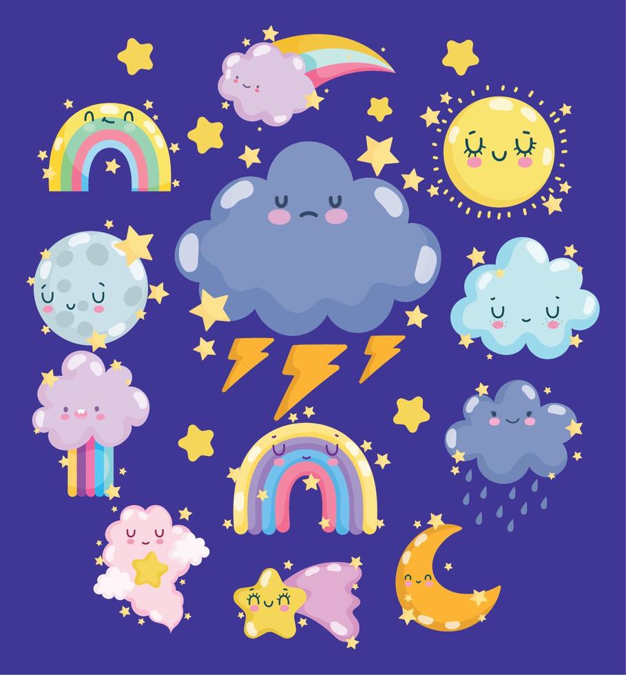 clima lindo sol nube tormenta lluvia trueno arco iris y luna con caras felices vector