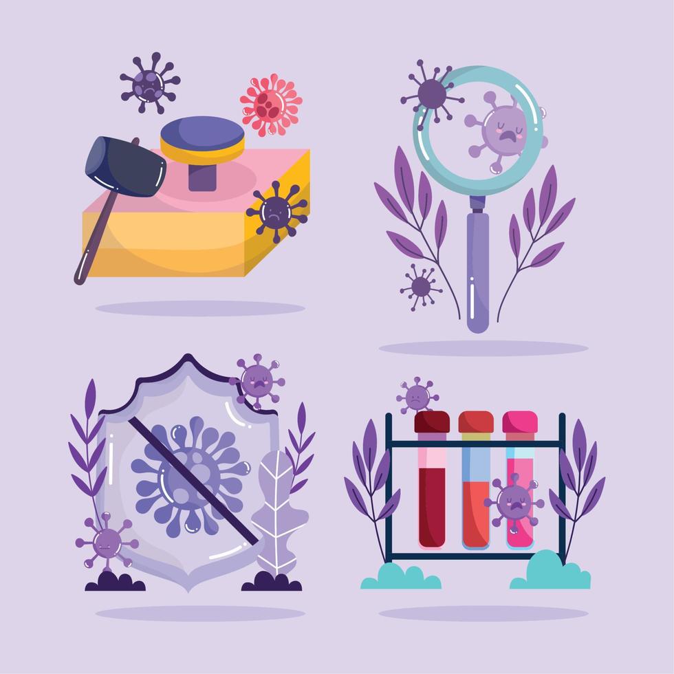 covid 19 virus cartoons hammer lupe shield and test tubes vector design