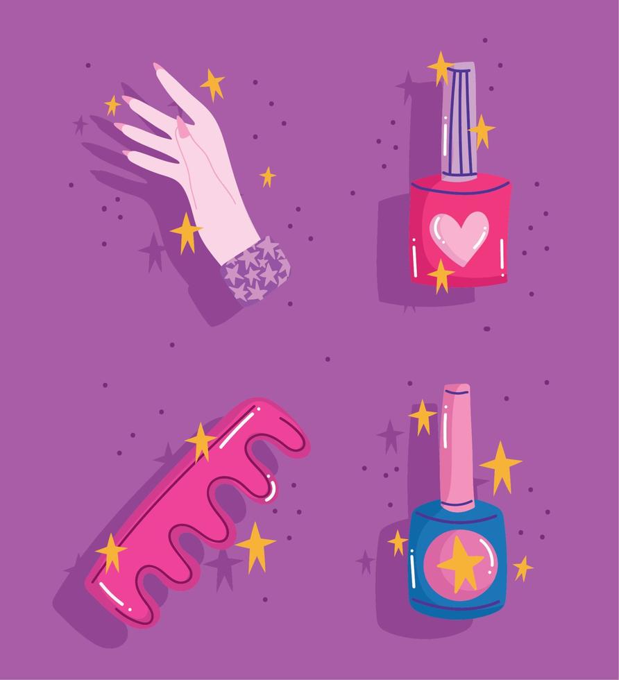 manicure icons set, finger separator, nail polish and hand tools cartoon style design vector