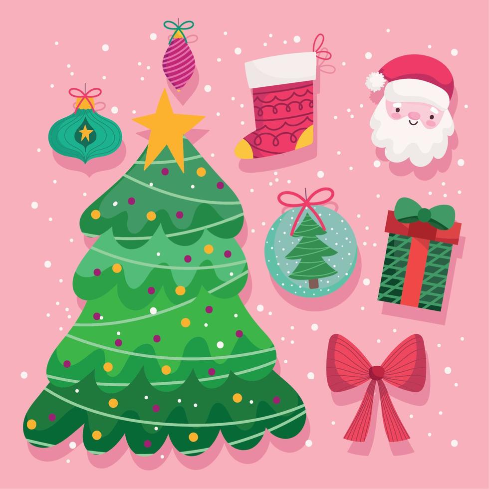 merry christmas, tree santa sock gift ball decoration and ornament season icons vector