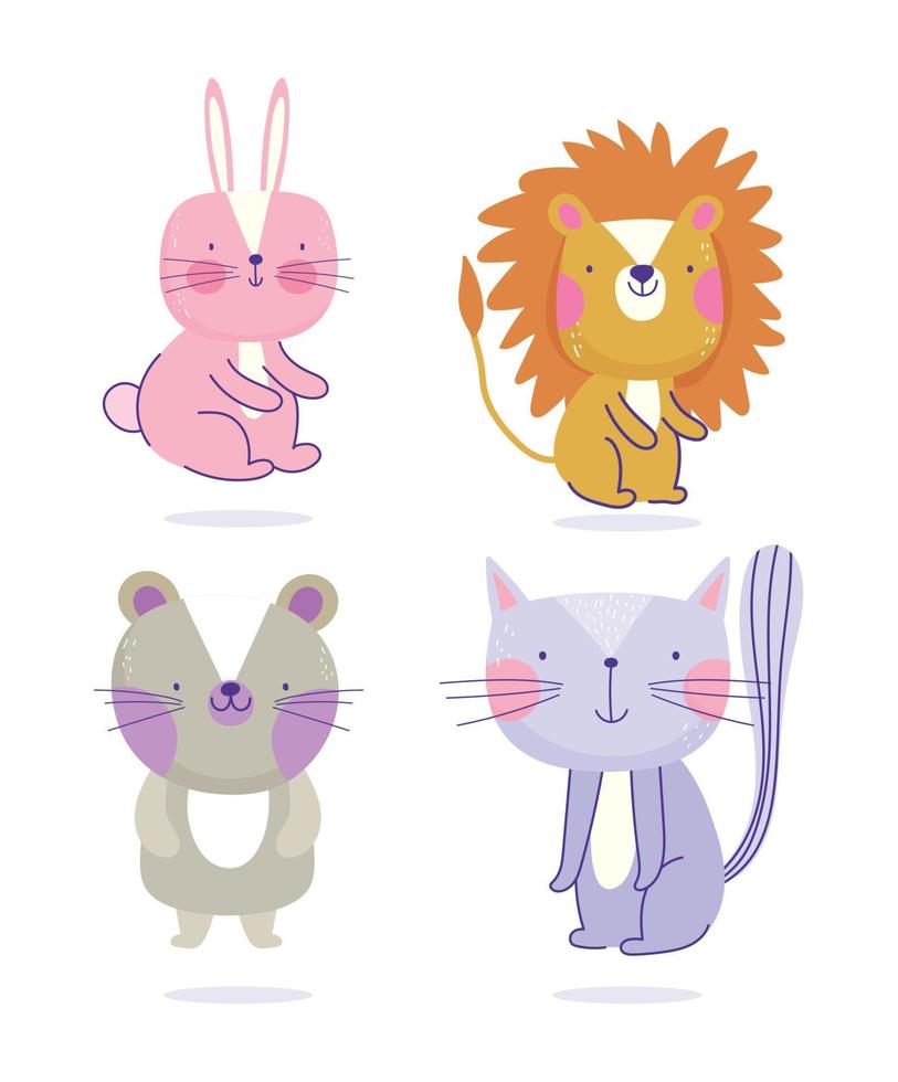 conejito león gato y ratones animales dibujos animados lindo texto vector