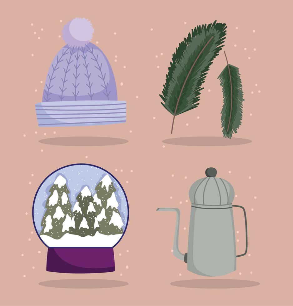 winter icons set warm hat snowball teapot and branches tree vector