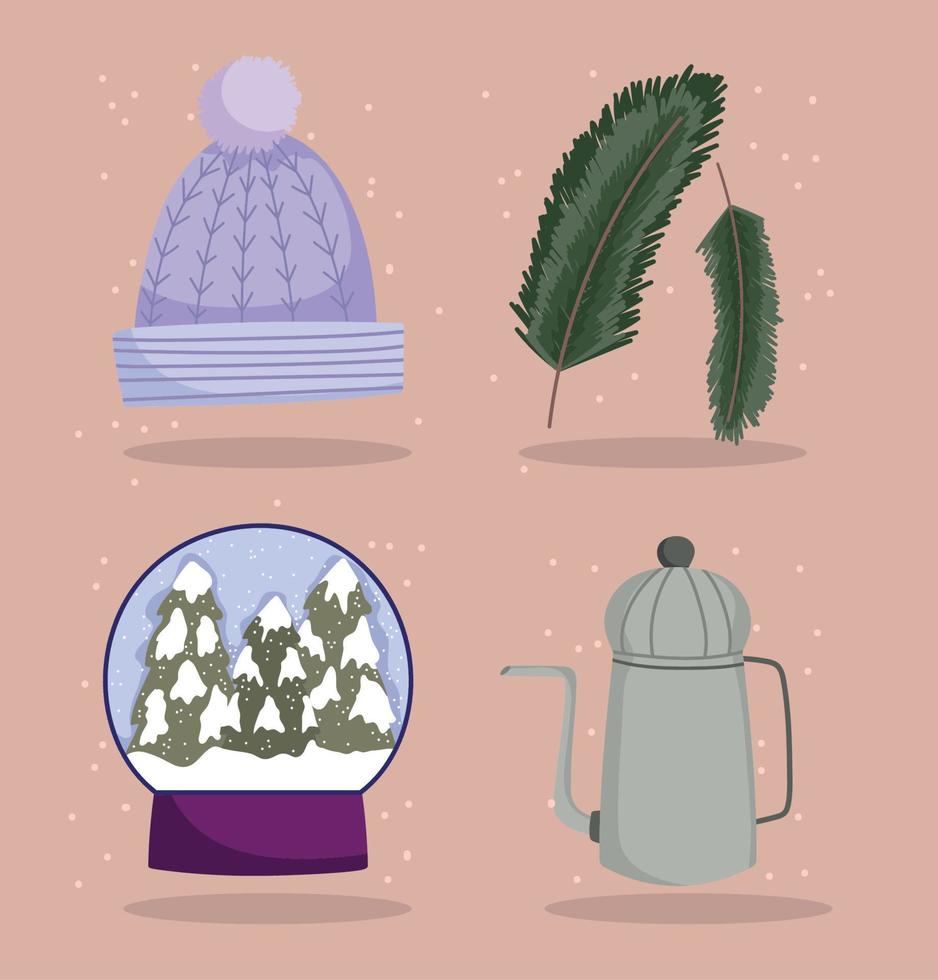 conjunto de iconos de invierno cálido sombrero bola de nieve tetera y árbol de ramas vector