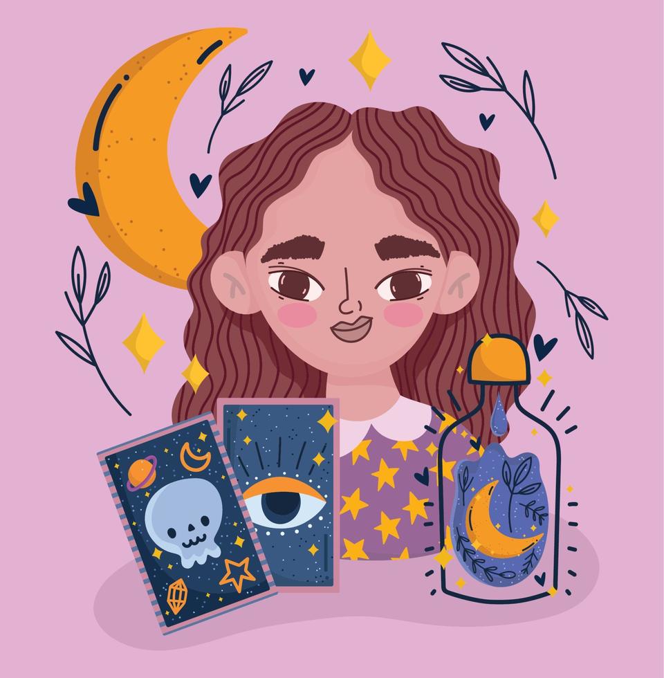 chica mágica con carta de tarot dibujos animados de adivino místico vector