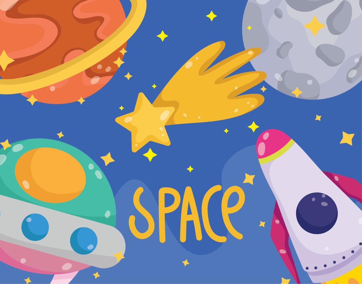 space ufo star moon rocket galaxy astronomy in cartoon style vector