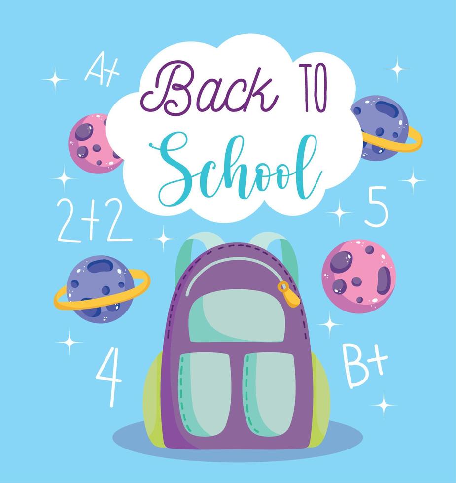 back to school, backpack planets and arithmetic lesson elementary education cartoon vector